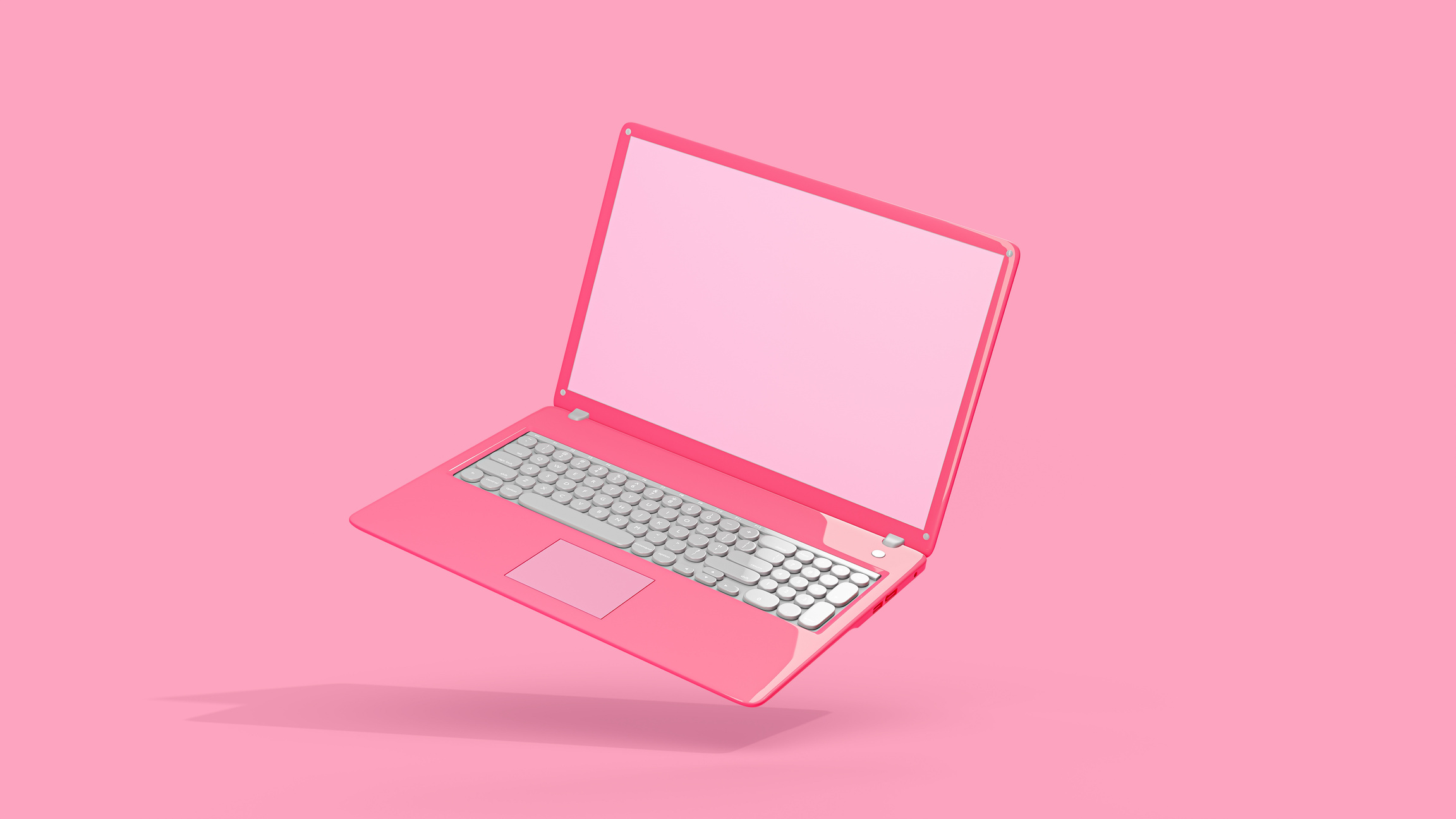 Pink laptop empty display side view. Isolated Mock-up comput